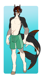 Size: 2510x4403 | Tagged: safe, artist:blackblood-queen, oc, oc only, oc:laguna luster, original species, shark, shark pony, anthro, unguligrade anthro, abs, anthro oc, belly button, clothes, commission, digital art, eyebrows, eyebrows visible through hair, high res, male, partial nudity, purple eyes, scar, solo, stallion, standing, swimming trunks, topless, watermark