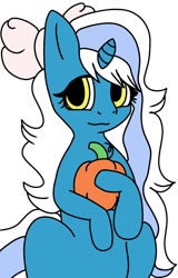 Size: 680x1064 | Tagged: safe, artist:liannty, oc, oc only, oc:fleurbelle, alicorn, semi-anthro, alicorn oc, arm hooves, bow, female, hair bow, holding, horn, mare, pumpkin, simple background, smiling, smiling at you, solo, transparent background, wings, yellow eyes