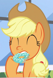 Size: 400x581 | Tagged: safe, screencap, applejack, earth pony, pony, g4, the ending of the end, cropped, donut, eating, food, herbivore, solo
