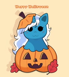 Size: 652x730 | Tagged: safe, artist:glimmermoon11, oc, oc only, oc:fleurbelle, alicorn, pony, :3, alicorn oc, blushing, female, halloween, happy halloween, holiday, horn, leaves, mare, pumpkin, solo, wings
