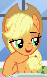 Size: 356x580 | Tagged: safe, screencap, applejack, earth pony, pony, g4, the ending of the end, cropped, pointing, solo