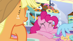 Size: 1920x1080 | Tagged: safe, screencap, applejack, pinkie pie, rainbow dash, earth pony, pegasus, pony, g4, the ending of the end, donut, eating, food, munching, wing hands, wings