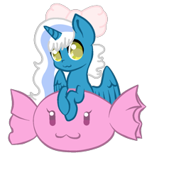 Size: 1000x1050 | Tagged: safe, artist:adoptishop, oc, oc only, oc:fleurbelle, alicorn, pony, adorabelle, alicorn oc, bow, candy, cute, female, food, hair bow, horn, mare, simple background, solo, transparent background, wings, yellow eyes