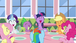 Size: 1920x1080 | Tagged: safe, screencap, applejack, fluttershy, pinkie pie, rainbow dash, rarity, spike, twilight sparkle, alicorn, dragon, earth pony, pegasus, pony, unicorn, g4, the ending of the end, donut, food, laughing, mane seven, mane six, plate, twilight sparkle (alicorn), winged spike, wings