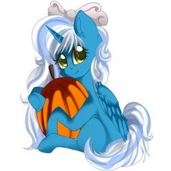 Size: 1024x1024 | Tagged: safe, artist:sakimiaji, oc, oc only, oc:fleurbelle, alicorn, pony, alicorn oc, bow, female, hair bow, horn, hug, mare, pumpkin, simple background, smiling, solo, transparent background, wingding eyes, wings, yellow eyes