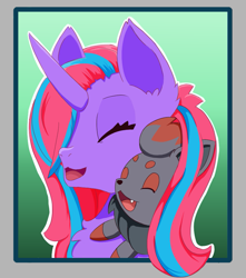 Size: 883x1000 | Tagged: safe, artist:morrigun, oc, oc only, pony, unicorn, zorua, eyes closed, female, fluffy, horn, mare, open mouth, pokémon, simple background, tooth