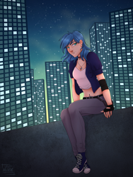 Size: 1258x1671 | Tagged: safe, artist:alicetriestodraw, princess luna, human, g4, belly, belly button, choker, city, cityscape, clothes, converse, female, gloves, humanized, jewelry, loose hair, necklace, night, night city, pants, shoes, sitting, skyscrapers, solo, stars