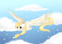 Size: 1516x1065 | Tagged: safe, artist:ayoarts, oc, oc only, oc:snowy, pegasus, pony, female, flying, snow, solo