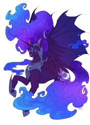 Size: 2953x4134 | Tagged: safe, artist:sourcherry, nightmare moon, alicorn, pony, g4, armor, bat wings, blushing, horn, simple background, solo, transparent background, wings