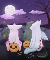 Size: 2110x2545 | Tagged: safe, artist:nekoshanka, oc, oc:blinking cursor, oc:lukshana, ghost, ghost pony, pegasus, pony, undead, unicorn, bedsheet ghost, carving, clothes, costume, couple, cute, date, date night, gravestone, graveyard, halloween, halloween costume, high res, holiday, illustration, moon, night, pumpkin, spooky