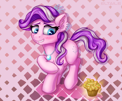 Size: 3000x2500 | Tagged: safe, artist:eltaile, diamond tiara, earth pony, pony, g4, blushing, chains, cupcake, diamond, female, food, high res, jewelry, nervous, piercing, shy, smiling, solo, tiara