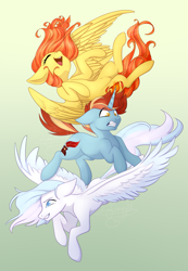 Size: 1599x2305 | Tagged: safe, artist:daringpineapple, oc, oc only, oc:crimson spark, oc:phoenix feather, oc:winter lullaby, pegasus, pony, unicorn, female, gradient background, male, trio