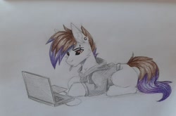 Size: 1080x713 | Tagged: safe, artist:dorkmark, oc, oc only, oc:keupoz, earth pony, pony, cheek fluff, clothes, computer, laptop computer, mouth hold, sketch, solo, sweater, traditional art