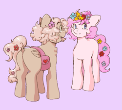 Size: 835x759 | Tagged: safe, artist:poofindi, oc, oc only, oc:kayla, oc:mary jane, earth pony, pegasus, pony, bag, duo, female, flower, flower in hair, kayry, lesbian, looking at each other, oc x oc, shipping, standing