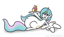 Size: 588x345 | Tagged: safe, artist:banebuster, princess celestia, alicorn, pony, series:tiny tia, g4, abdominal bulge, alicorn metabolism, belly, belly button, big belly, cake, cakelestia, cheek bulge, crumbs, cute, cutelestia, eating, ethereal mane, ethereal tail, female, food, food baby, long mane, looking at you, mare, solo, stuffed, stuffed belly, stuffing, tail