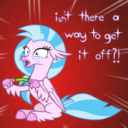 Size: 6969x6969 | Tagged: safe, artist:kmlp, derpibooru exclusive, silverstream, classical hippogriff, hippogriff, g4, adorable distress, caption, chinese finger trap, crying, cute, female, gradient background, open mouth, scared, sitting, solo, tears of fear, vector