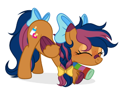 Size: 2321x1783 | Tagged: safe, artist:rioshi, artist:sparkling_light, artist:starshade, oc, oc only, oc:solar comet, pegasus, pony, 2021 community collab, derpibooru community collaboration, bandaid, bandaid on nose, base used, bow, clothes, disguise, disguised changedling, eyelashes, eyes closed, hair bow, simple background, socks, solo, stretching, tail bow, transparent background