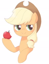 Size: 1486x1920 | Tagged: dead source, safe, artist:ginmaruxx, applejack, earth pony, pony, g4, apple, blushing, bust, cute, female, food, jackabetes, lidded eyes, mare, simple background, solo, white background