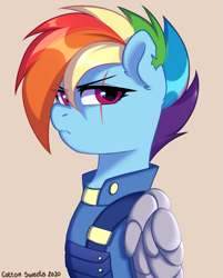 Size: 1269x1575 | Tagged: safe, artist:cottonsweets, rainbow dash, pegasus, pony, g4, alternate timeline, amputee, apocalypse dash, armor, artificial wings, augmented, badass, bust, chest fluff, crystal war timeline, ear fluff, eye scar, female, looking at you, mare, prosthetic limb, prosthetic wing, prosthetics, scar, simple background, solo, torn ear, wings