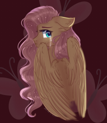 Size: 1280x1469 | Tagged: safe, artist:muna, fluttershy, pegasus, pony, g4, bust, crying, cutie mark background, ear fluff, female, floppy ears, looking at you, looking back, looking back at you, mare, portrait, profile, rear view, sad, solo, sparkling mane, teary eyes, wings