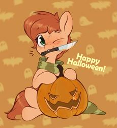 Size: 1055x1147 | Tagged: safe, artist:rexyseven, oc, oc only, oc:rusty gears, earth pony, pony, clothes, cute, female, halloween, holiday, jack-o-lantern, knife, looking at you, mare, mouth hold, one eye closed, pumpkin, pumpkin carving, scarf, sitting, smiling, smiling at you, sock, solo, wink