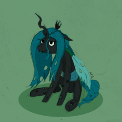 Size: 1270x1270 | Tagged: safe, artist:lef-fa, queen chrysalis, changeling, changeling queen, g4, fangs, female, floppy ears, looking at you, queen chrysalis is not amused, sitting, solo, stray strand, three quarter view, traditional art, unamused, wings