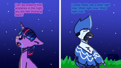 Size: 2560x1440 | Tagged: safe, artist:luc1g07ch1, twilight sparkle, bird, blue jay, unicorn, anthro, g4, aeroplanes and meteor showers, airplanes (song), crossover, crossover shipping, crying, female, male, meme, mordecai, mordetwi, redraw mordetwi meme, regular show, satire, shipping, signature, song reference, straight, unicorn twilight