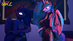 Size: 1920x1080 | Tagged: safe, artist:senthaurekmern, princess celestia, princess luna, alicorn, anthro, g4, 3d, alcohol, breasts, busty princess celestia, busty princess luna, cigarette, clothes, drinking, female, folded wings, glass, lidded eyes, looking at each other, siblings, sisters, smoking, source filmmaker, standing, talking, watermark, wine, wine glass, wings