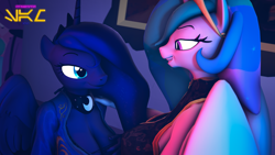 Size: 1920x1080 | Tagged: safe, artist:senthaurekmern, princess celestia, princess luna, alicorn, anthro, g4, 3d, bedroom eyes, breasts, busty princess celestia, busty princess luna, clothes, folded wings, imminent incest, imminent sex, implied incest, implied lesbian, implied princest, implied shipping, lidded eyes, looking at each other, size difference, source filmmaker, standing, watermark, wings