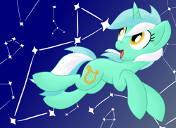 Size: 2062x1500 | Tagged: safe, artist:notadeliciouspotato, lyra heartstrings, pony, unicorn, g4, constellation, cute, female, looking back, looking up, lyrabetes, mare, open mouth, smiling, solo, stars