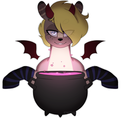 Size: 1400x1366 | Tagged: safe, artist:liefsong, oc, oc only, oc:canvas, deer, deer pony, demon, original species, bubble, cauldron, clothes, fangs, halloween, holiday, horns, love potion, simple background, socks, solo, striped socks, transparent background, wings