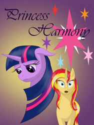 Size: 1440x1920 | Tagged: safe, artist:nebulastar985, sunset shimmer, twilight sparkle, pony, unicorn, fanfic:princess harmony, g4, :o, bust, duo, fanfic, fanfic art, fanfic cover, female, mare, open mouth