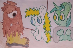 Size: 1280x843 | Tagged: safe, artist:dex stewart, lyra heartstrings, oc, oc:fargate, earth pony, pony, unicorn, g4, aqua teen hunger force, barefoot, dirt, dirtfoot, dirty, dirty feet, feet, monster, sock, traditional art