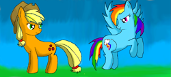 Size: 1051x475 | Tagged: safe, artist:maverickmam, applejack, rainbow dash, earth pony, pegasus, pony, g4, duo, female, flying, hat, looking at each other, looking back, mare, rearing