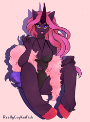 Size: 2096x2825 | Tagged: safe, artist:reallycoykoifish, oc, oc only, human, unicorn, anthro, big breasts, breasts, clothes, commission, dark skin, high res, horn, humanized, lingerie, pink hair, pinup, sexy, short tail, solo
