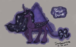 Size: 1280x800 | Tagged: safe, artist:stargazerseven, oc, oc only, oc:cosmos, alicorn, pony, alicorn oc, ethereal mane, galaxy mane, horn, male, raised hoof, signature, solo, stallion, wings