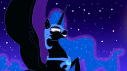 Size: 1120x630 | Tagged: safe, artist:stargazerseven, nightmare moon, alicorn, pony, g4, bust, ethereal mane, female, glowing eyes, helmet, mare, night, peytral, solo, starry mane, stars