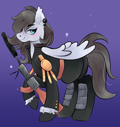 Size: 976x1029 | Tagged: safe, artist:reallycoykoifish, oc, oc only, pegasus, pony, badass, ear piercing, earring, female, grey hair, gun, jewelry, mare, military, military pony, military uniform, piercing, rifle, simple background, weapon, white pony, wings