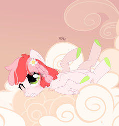 Size: 3072x3240 | Tagged: safe, artist:mint-light, oc, oc only, pegasus, pony, colored hooves, commission, flower, flower in hair, high res, looking up, lying down, on back, one eye closed, pegasus oc, signature, solo, wings, wink, ych result