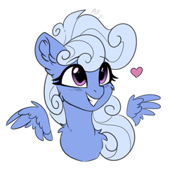 Size: 1211x1253 | Tagged: safe, artist:airfly-pony, oc, oc only, oc:comfy pillow, pegasus, pony, blushing, bust, chest fluff, cute, ear fluff, eyelashes, feathered wings, female, floating heart, floating wings, heart, mare, pegasus oc, portrait, shoulder fluff, signature, smiling, solo, wings