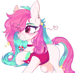 Size: 3318x3224 | Tagged: safe, artist:mint-light, oc, oc only, earth pony, pony, candy, candy cane, choker, clothes, commission, ear piercing, earth pony oc, eye clipping through hair, food, high res, hoof hold, hoof polish, piercing, raised hoof, signature, simple background, solo, transparent background, ych result