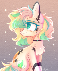 Size: 2575x3144 | Tagged: safe, artist:mint-light, oc, oc only, pony, unicorn, chest fluff, choker, commission, ear fluff, high res, horn, looking back, looking up, signature, sitting, solo, unicorn oc, ych result