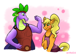 Size: 3308x2349 | Tagged: safe, artist:bella-pink-savage, applejack, spike, earth pony, pony, g4, alternate hairstyle, clothes, cosplay, costume, crossover, female, flexing, halloween, halloween costume, hercules, high res, male, mare, megara, older, older spike, ponytail, ship:applespike, shipping, straight