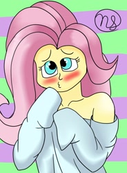 Size: 1506x2048 | Tagged: safe, artist:demitri, fluttershy, equestria girls, g4, abstract background, adorasexy, blushing, clothes, collarbone, colored, cute, duckface, female, sexy, shoulderless, shyabetes, signature, solo, sweater, sweatershy