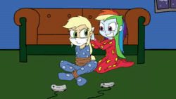 Size: 1280x720 | Tagged: safe, artist:bugssonicx, artist:sonicrock56, applejack, rainbow dash, human, equestria girls, g4, animated, bet, blinking, bondage, bound and gagged, cloth gag, clothes, female, footed sleeper, footie pajamas, gag, grin, laughing, lesbian, muffled words, onesie, over the nose gag, pajamas, rope, rope bondage, ship:appledash, shipping, sleepover, slumber party, smiling, sound, struggling, tied up, video game, webm