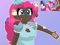 Size: 2048x1536 | Tagged: safe, artist:colorcodetheartist, screencap, pinkie pie, human, g4, the ending of the end, cupcake, dark skin, female, food, gradient background, humanized, messy, scene interpretation, screencap reference, simple background, solo, tongue out