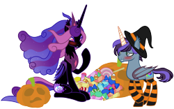 Size: 3200x2000 | Tagged: safe, artist:magnusmagnum, oc, oc:cinnamon music, oc:count patagium, alicorn, bat pony, bat pony alicorn, pony, vampire, vampony, bat pony oc, bat wings, blushing, candy, clothes, costume, crossdressing, crossed hooves, crown, ear fluff, embarrassed, ethereal mane, fangs, female, flowing mane, folded wings, food, giggling, halloween, hat, high res, holiday, horn, jewelry, male, mare, nightmare night, nightmare night costume, pumpkin, raised hoof, regalia, show accurate, simple background, sitting, smiling, socks, stallion, striped socks, transparent background, wings, witch, witch hat