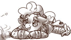 Size: 3840x2160 | Tagged: safe, artist:brainiac, derpibooru exclusive, pinkie pie, earth pony, pony, g4, black and white, brainiacs sketchbook (set), bunny slippers, clothes, grayscale, high res, monochrome, pajamas, sketch, slippers, slumber party, solo, spin the bottle