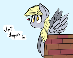 Size: 797x633 | Tagged: safe, artist:pinkberry, derpy hooves, pony, g4, blushing, brick wall, cute, derpabetes, heart, no pupils, simple background, solo, text