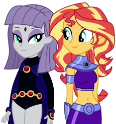 Size: 1024x1098 | Tagged: safe, artist:emeraldblast63, maud pie, sunset shimmer, equestria girls, g4, belly button, clothes, clothes swap, cosplay, costume, crossover, duo, female, halloween, holiday, legs together, raven (dc comics), simple background, smiling, starfire, teen titans, transparent background, when she smiles